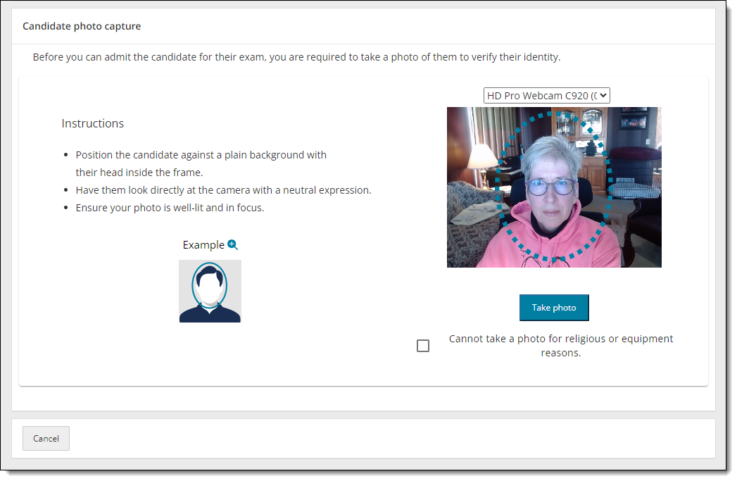 The Candidate photo capture page allows proctors to take a photo of the candidate.